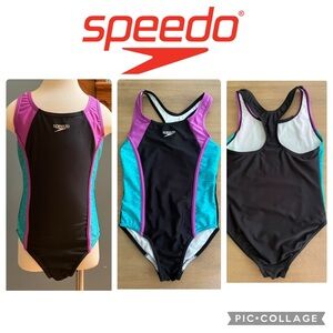 Speedo Girls Black and Purple One Piece Swimsuit with Teal Accents Size S